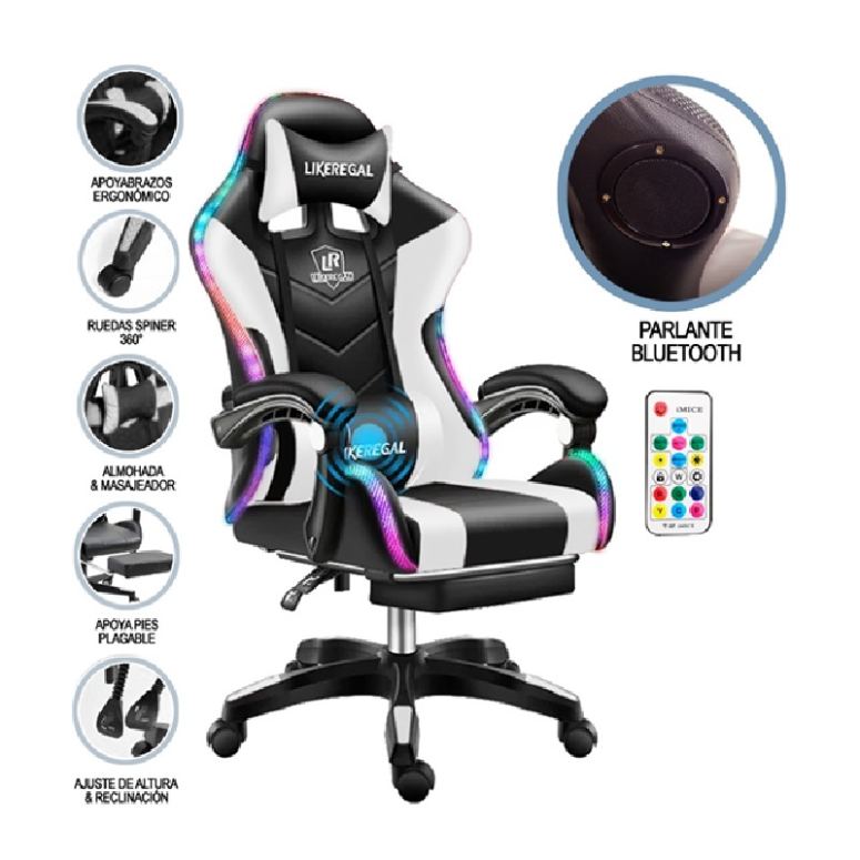 SILLA GAMER NEGRA CON PARLANTES BT LUCES LED