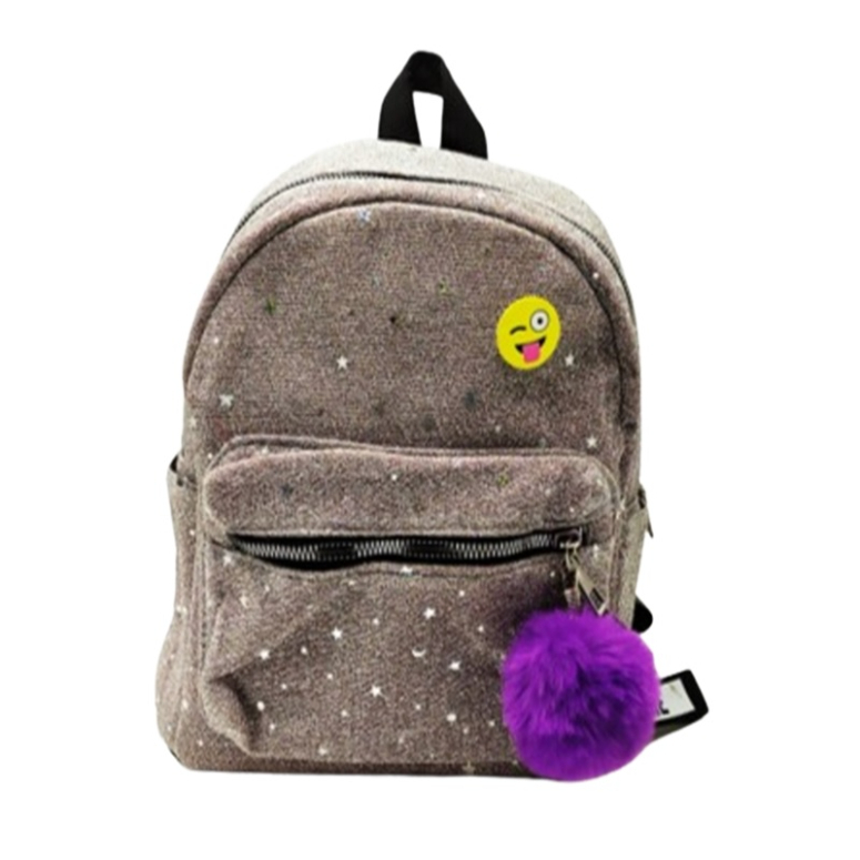 BOLSO JUVENIL CON BRILLOS Y POMPOM