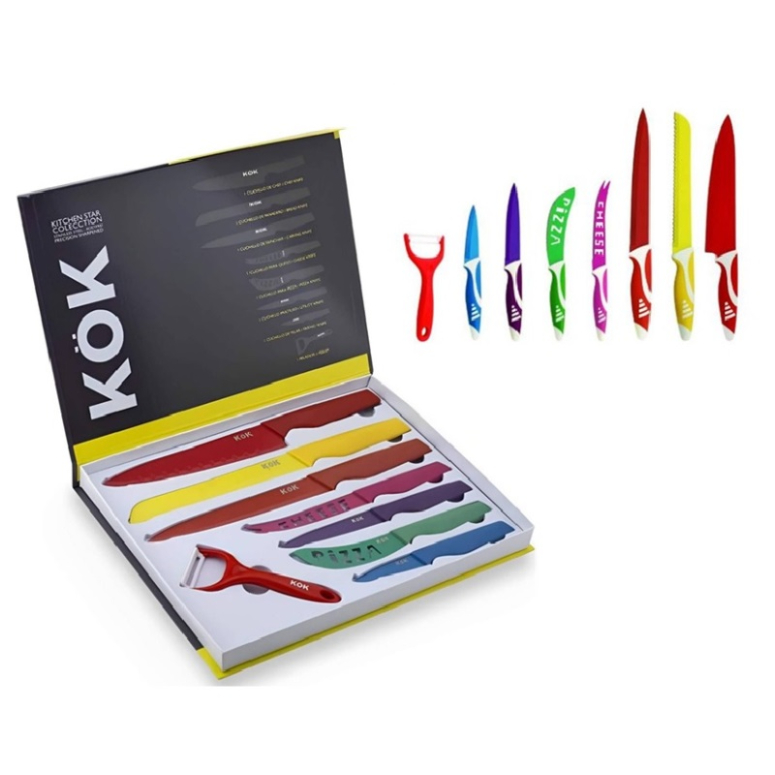 SET DE CUCHILLOS 8 PZS DE COLORES Y ESTUCHE KOK