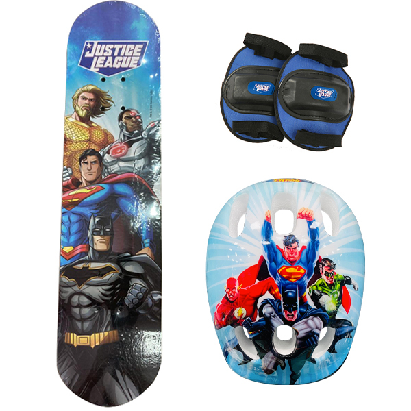 SET SKATEBOARD CON CASCO Y PROTECCIONES LIGA DE LA JUSTICIA
